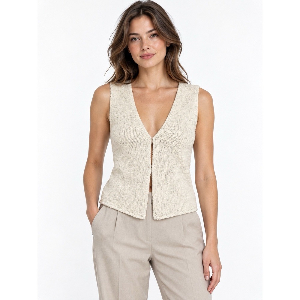 Rumored Knit Sweater Vest Womens Small Cream V Neck Hook Eye Coastal Preppy NWT